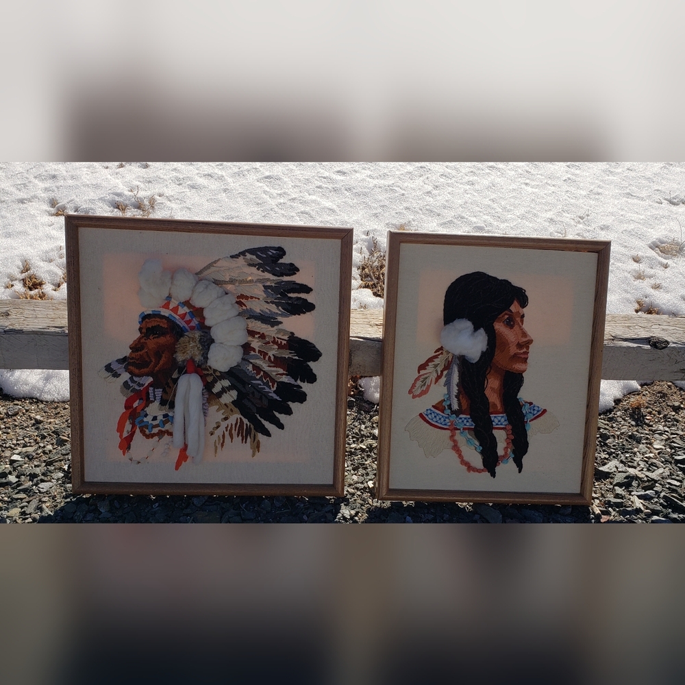 2 Vtg CREWEL Hand Embroidered 3D Native American Indian Chief/Maiden Framed Art